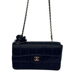 Chanel Vintage Black Satin Quilted Chocolate Bar Camellia Extra Mini Flap Bag